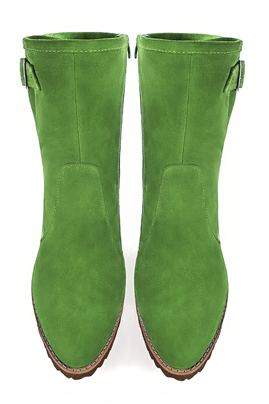Grass green women's ankle boots with buckles on the sides. Round toe. Flat rubber soles. Top view - Florence KOOIJMAN